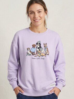 Life is Good Peace Love Dogs Crewneck Sweatshirt Lavender Winter Dogs Graphic Wo